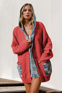 Peyton Hooded Denim Spliced Sweater Cardigan In Multi Colors