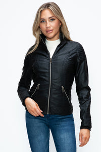 Faux Layered Double-Zipper Jacket with Fuzzy Hood In Black