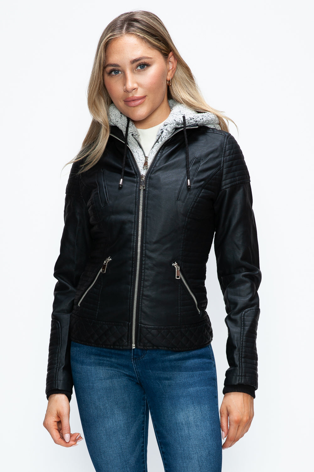 Faux Layered Double-Zipper Jacket with Fuzzy Hood In Black