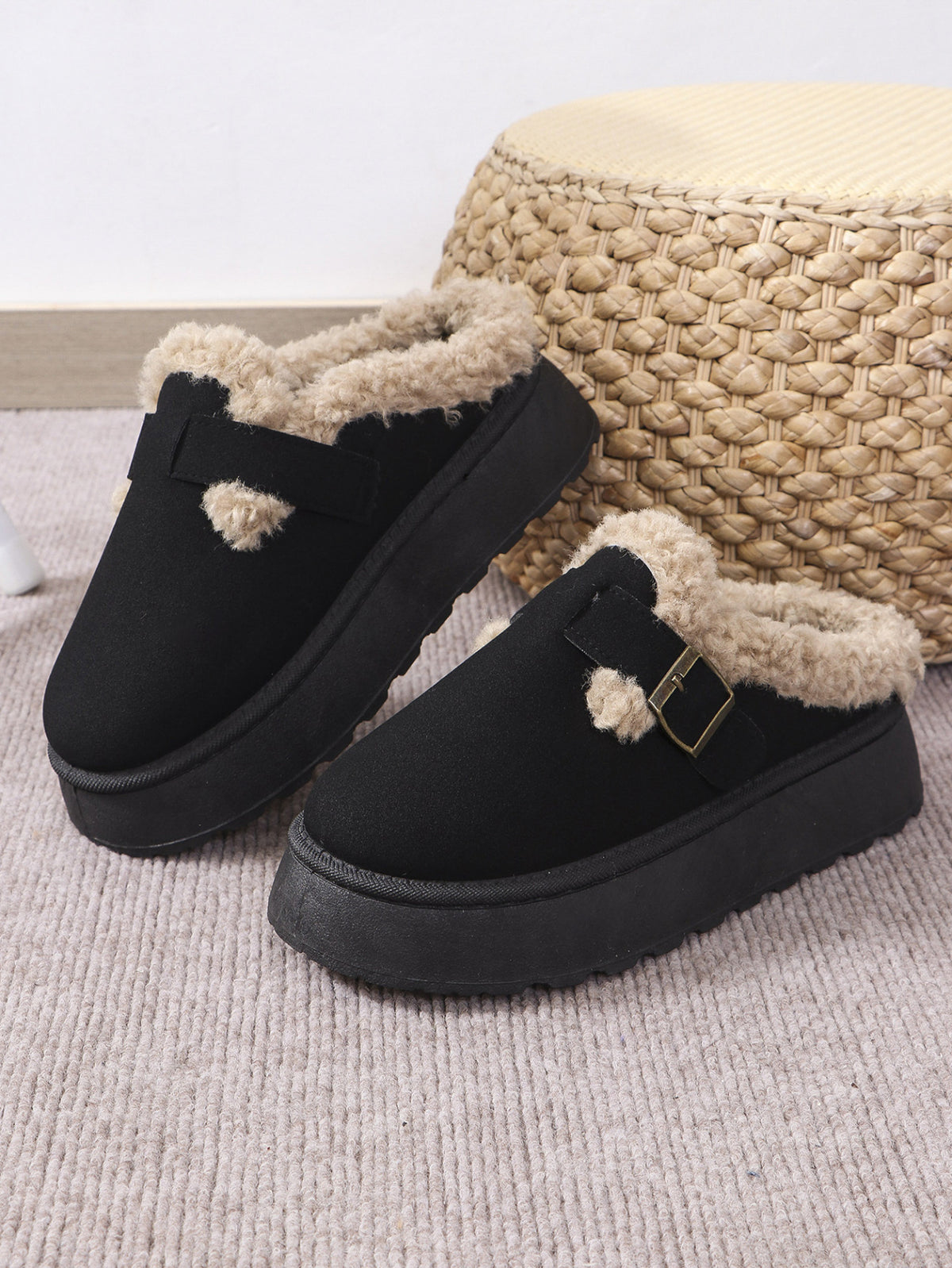 Thermal Fuzzy Buckle Platform Slippers In Multi Colors