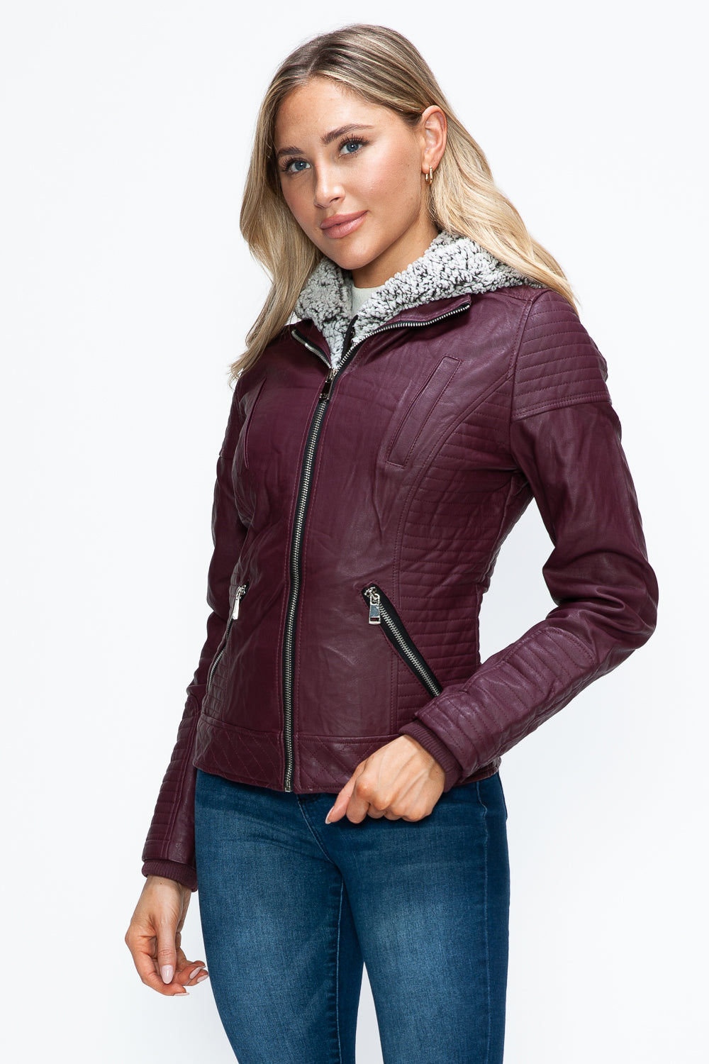 Faux Layered Double-Zipper Jacket with Fuzzy Hood In Wine