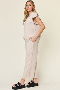 Texture Ruffle Top and Wide Leg Pants Set In Multi Colors