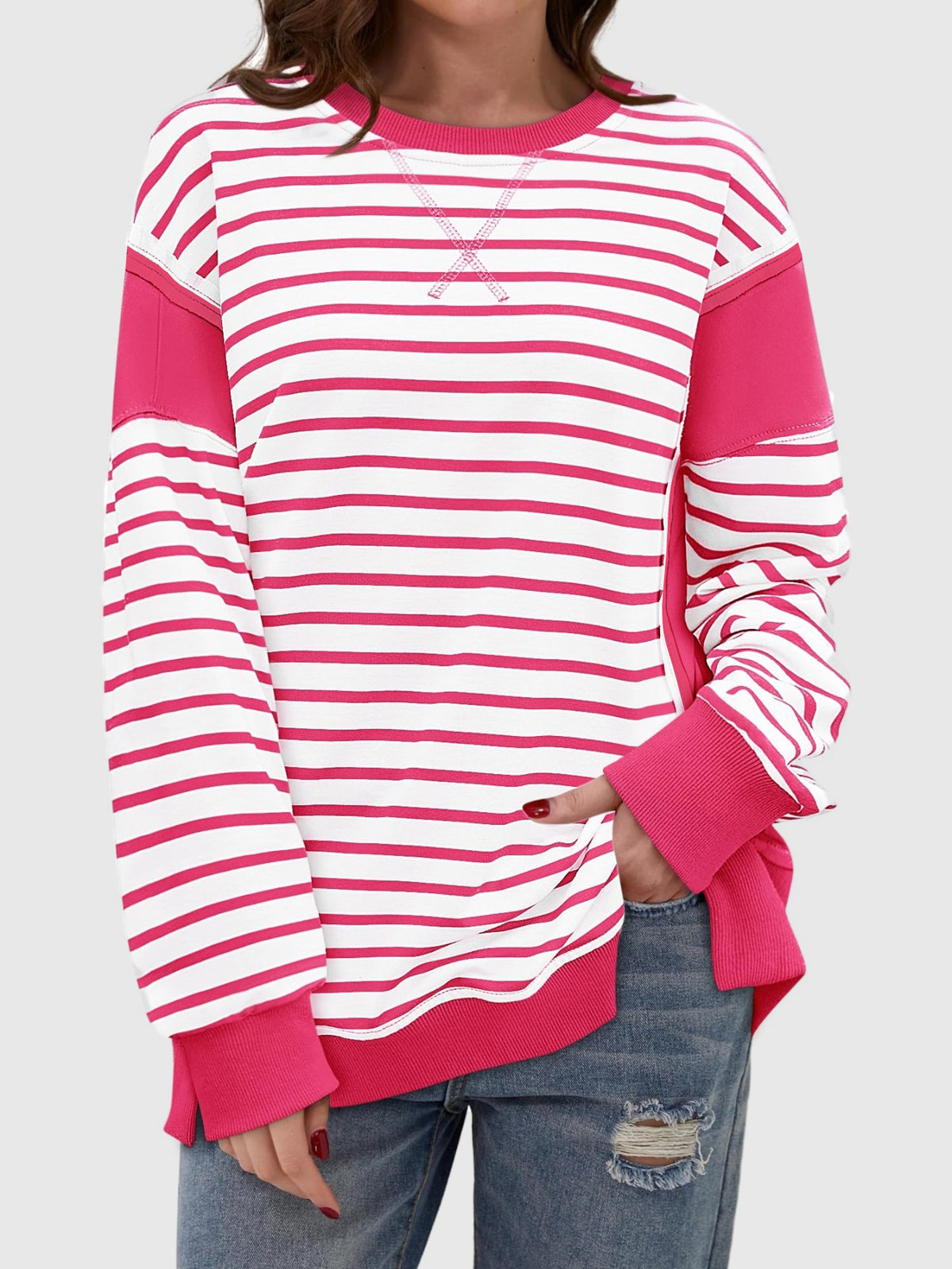 Clara Slit Exposed Seam Striped Sweatshirt In Multi Colors