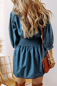 Smocked Half Button Mini Dress