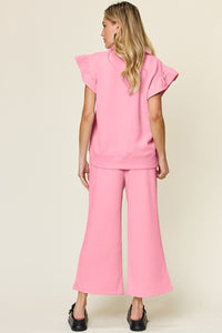 Texture Ruffle Top and Wide Leg Pants Set In Multi Colors