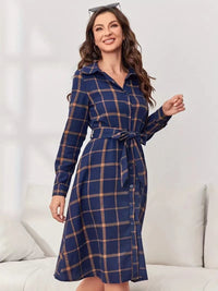 Alyssa Plaid Tie Waist Long Sleeve Dress