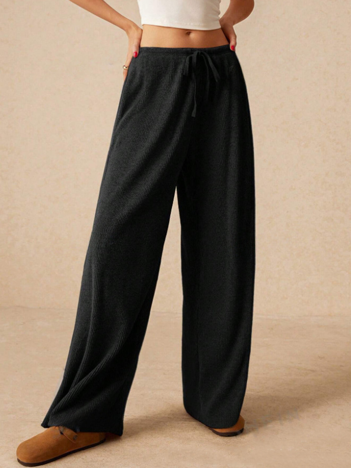 Ribbed Drawstring Wide Leg Pants In Multi Colors