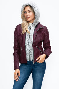 Faux Layered Double-Zipper Jacket with Fuzzy Hood In Wine