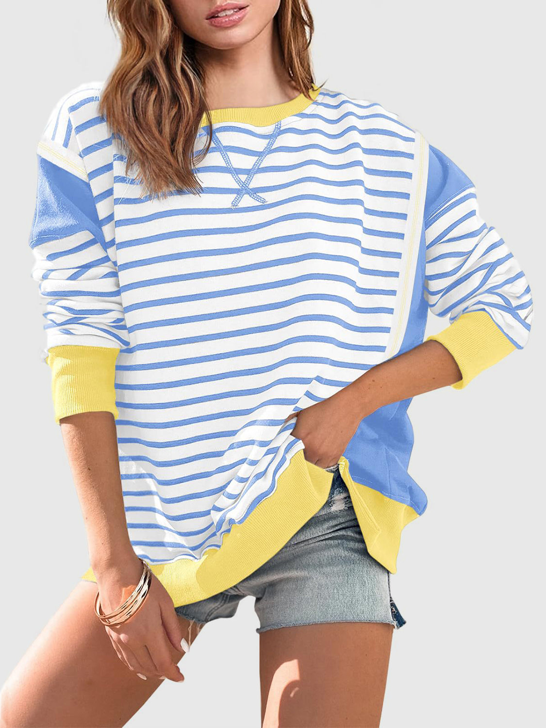 Clara Slit Exposed Seam Striped Sweatshirt In Multi Colors