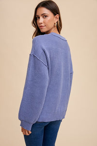 Annie Wear Half Button Ribbed Hem Sweater