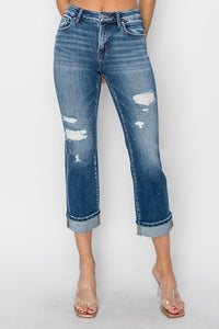 Charlee Cuffed Ankle Distressed Straight Jeans