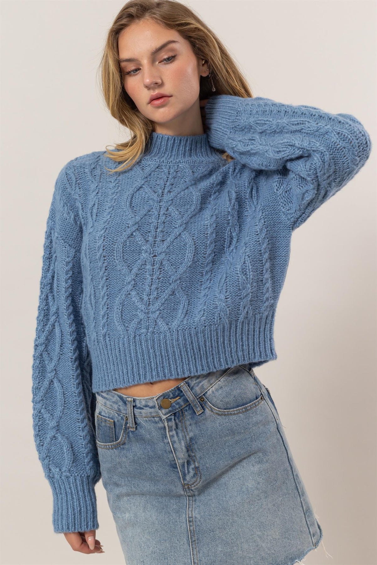 Cable-Knit Mock Neck Dropped Shoulder Sweater In Blue