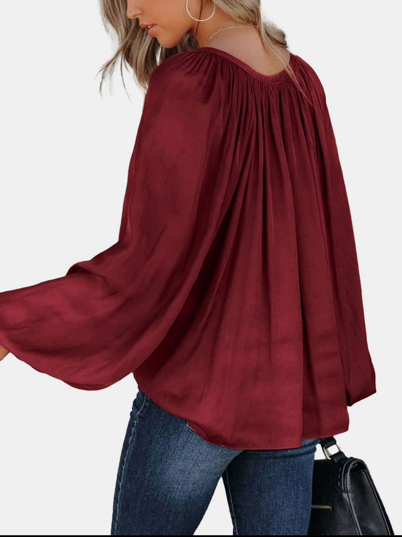 Rose Ruched Tie Neck Balloon Sleeve Blouse