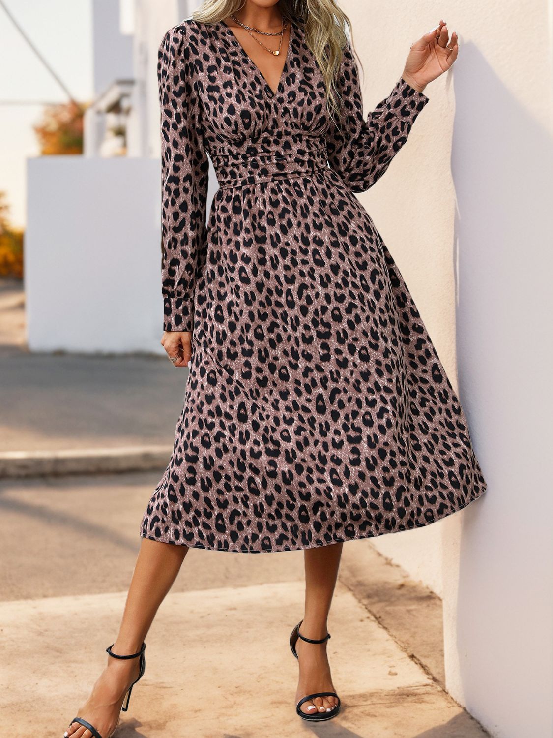 Leopard Surplice Long Sleeve Midi Dress