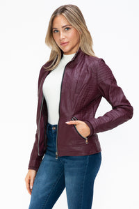 Faux Layered Double-Zipper Jacket with Fuzzy Hood In Wine