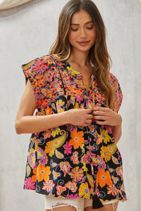 Multicolored Print Babydoll Top with Floral Embroidery