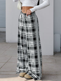 Perfee Drawstring Plaid Wide Leg Pants