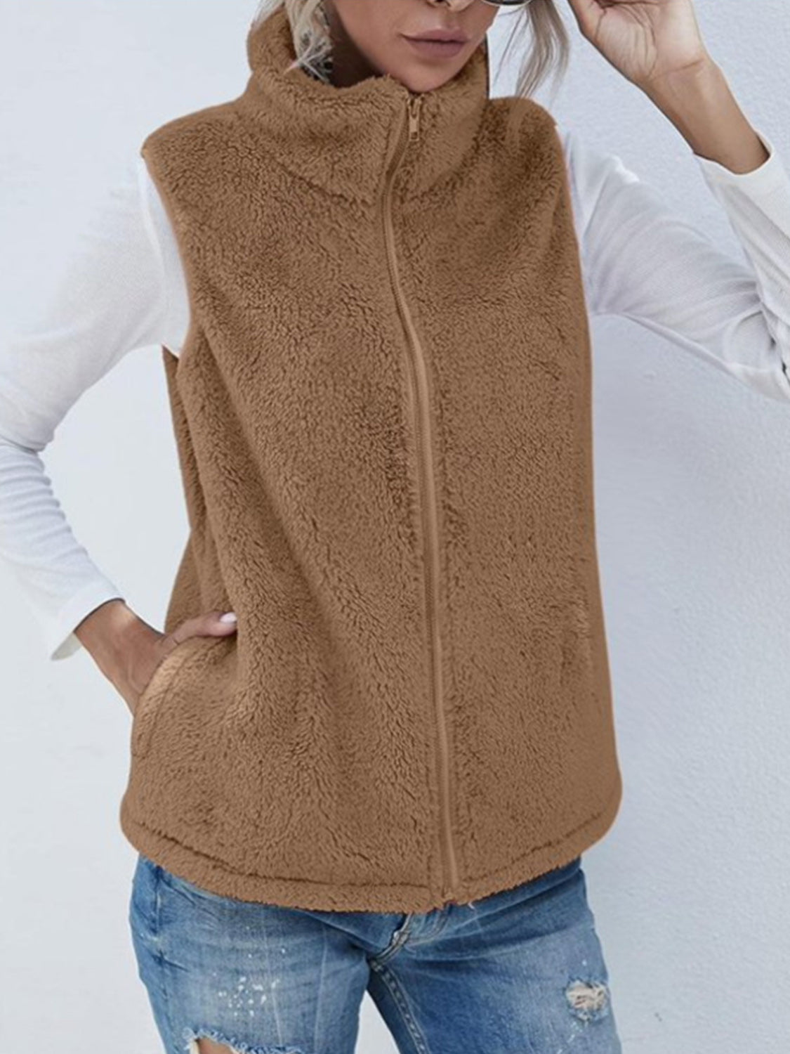 Callie Fuzzy Zip Up Vest With Pockets In Multi Colors