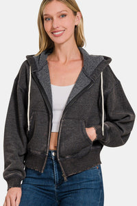 Gracelyn Acid Wash Fleece Zip-Up Cropped Hoodie