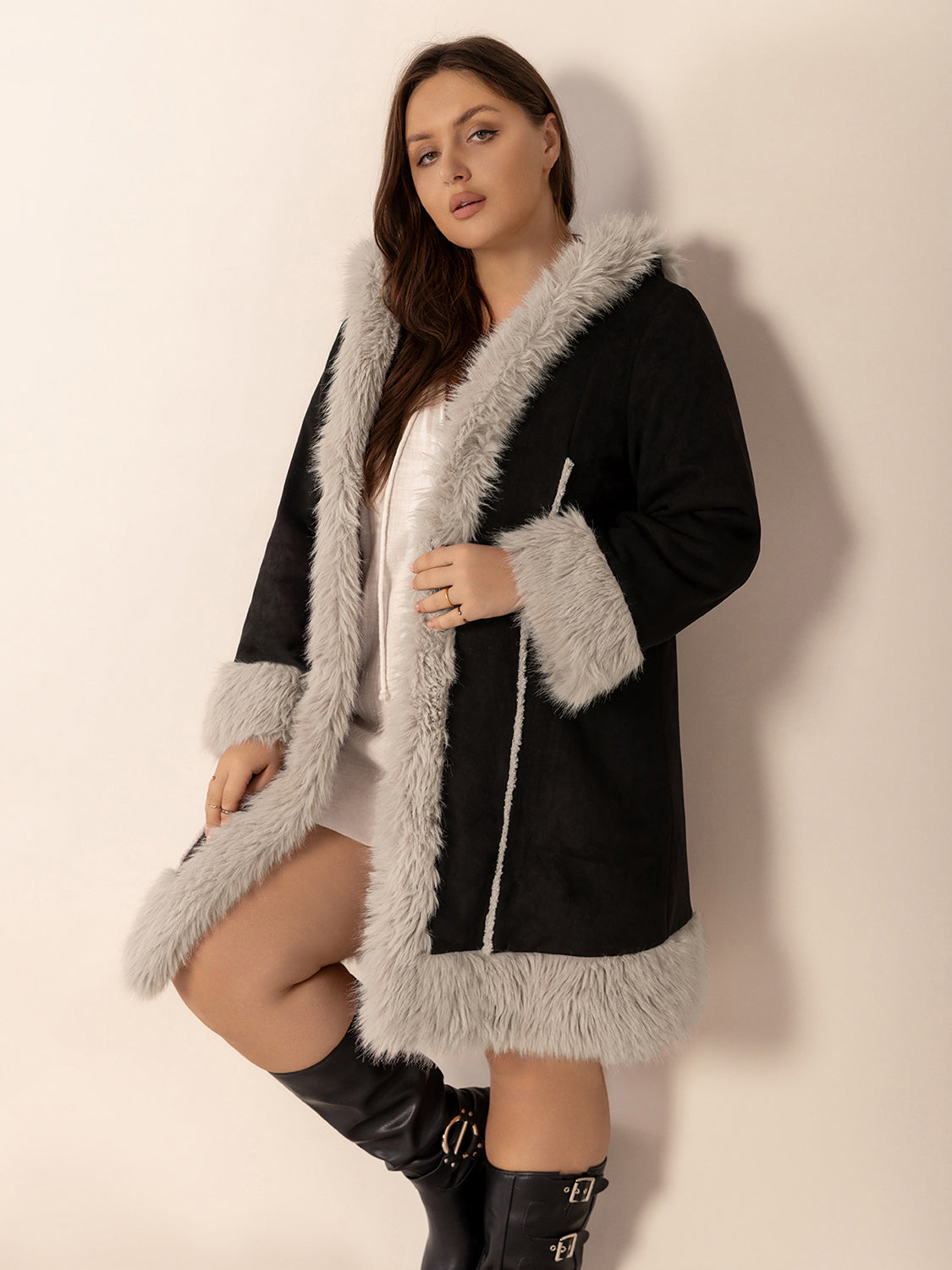 Rylee Plus Size Fuzzy Trim Hooded Coat