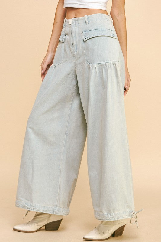 Drawstring Hem Wide Leg Mid Rise Jeans