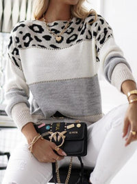 Leopard Color Block Round Neck Long Sleeve Sweater In Multi Colors