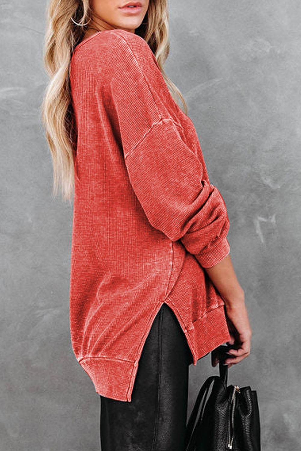 Waffle Knit Side Slit Drop Shoulder Sweatshirt In Two Colors