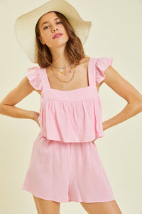 Gauze Square Neck Romper with Mini Ruffles on the Shoulder in Pink