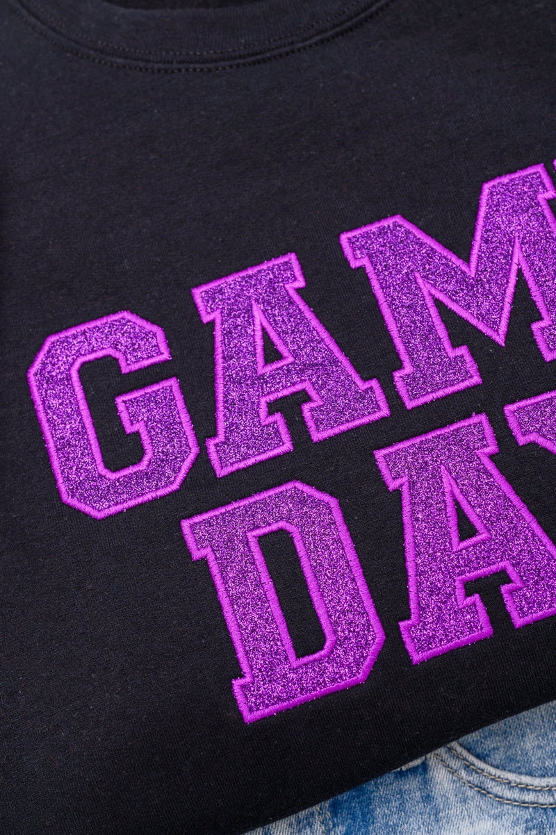 PREORDER: Embroidered Glitter Game Day Sweatshirt in Black/Purple