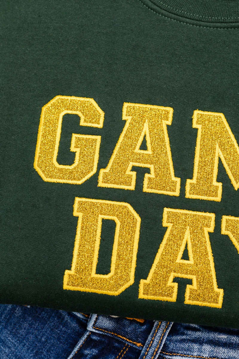PREORDER: Embroidered Glitter Game Day Sweatshirt in Forest Green/Golden Yellow