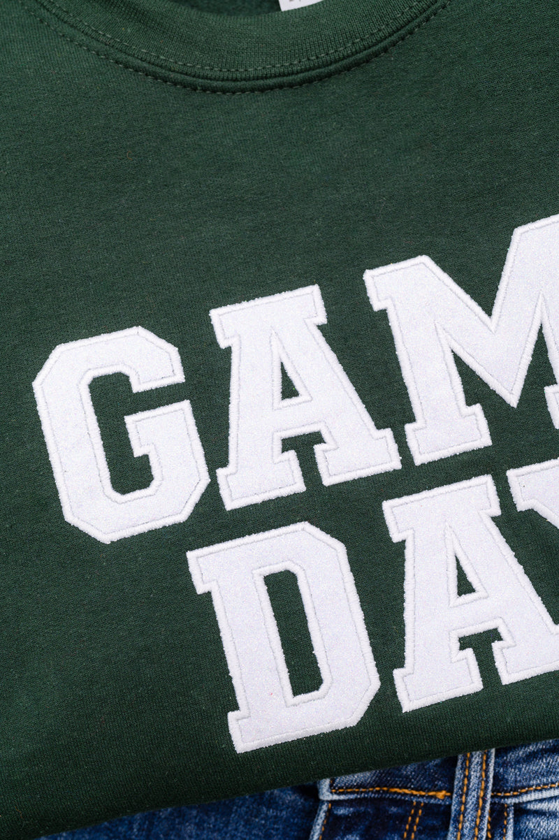 PREORDER: Embroidered Glitter Game Day Sweatshirt in Forest Green/White