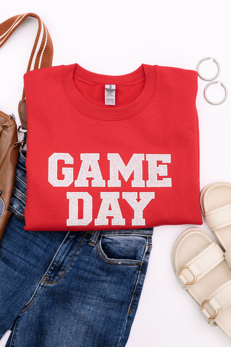 PREORDER: Embroidered Glitter Game Day Sweatshirt in Red/Silver
