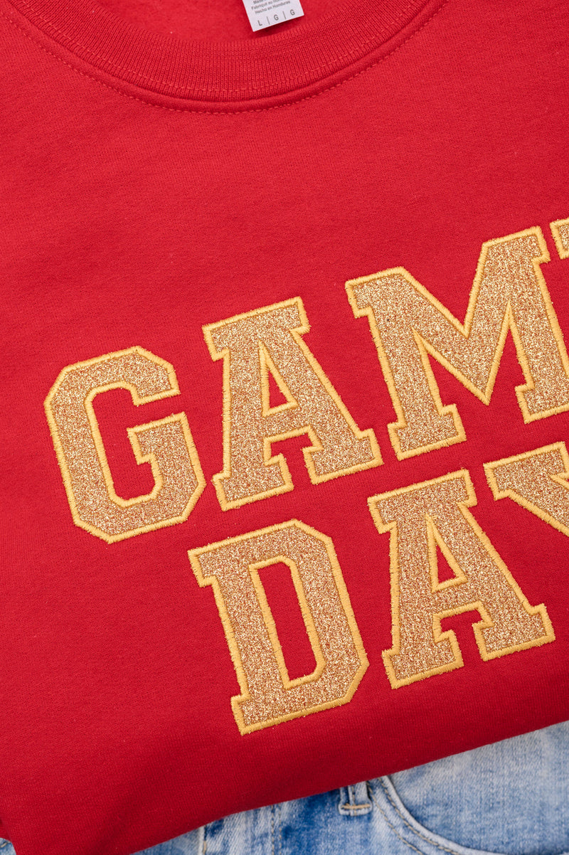 PREORDER: Embroidered Glitter Game Day Sweatshirt in Red/Old Gold