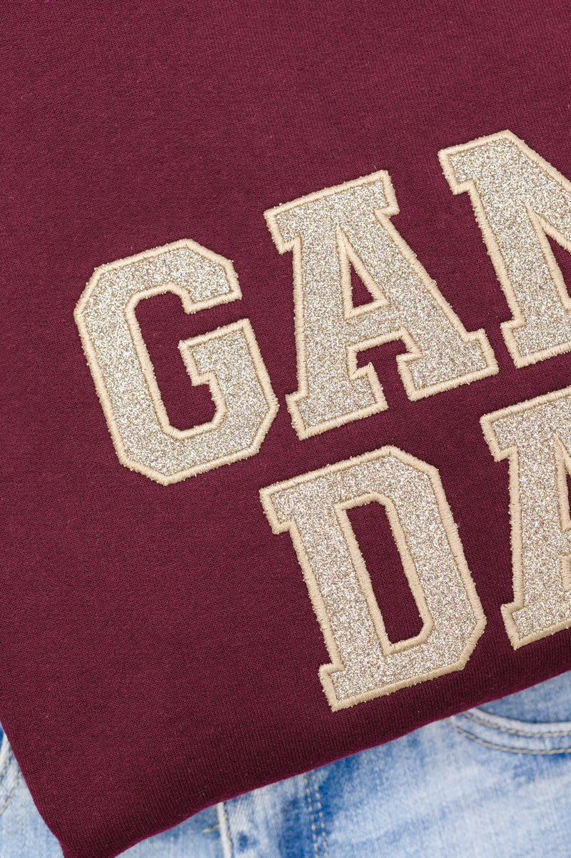 PREORDER: Embroidered Glitter Game Day Sweatshirt in Garnet/Champagne Gold