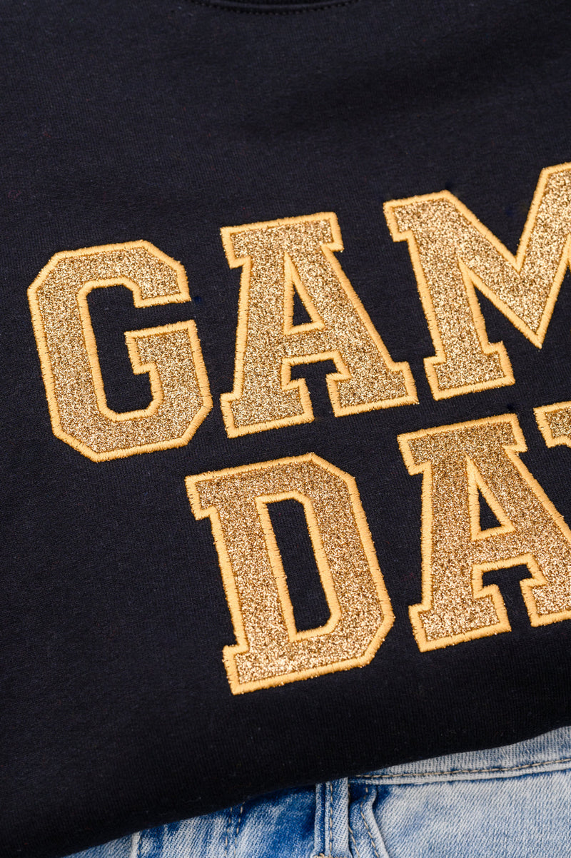 PREORDER: Embroidered Glitter Game Day Sweatshirt in Black/Old Gold