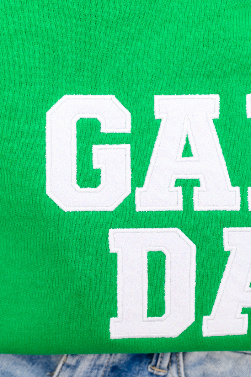 PREORDER: Embroidered Glitter Game Day Sweatshirt in Kelly Green/White