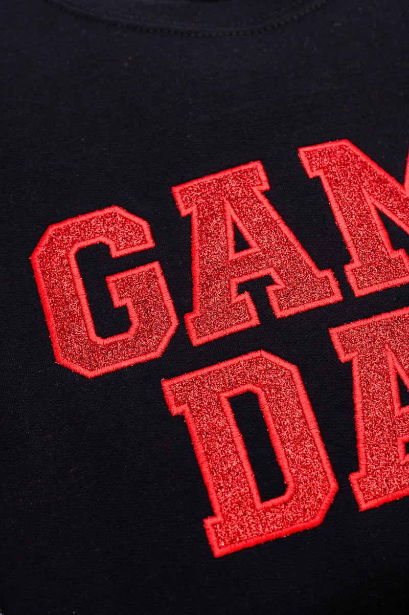 PREORDER: Embroidered Glitter Game Day Sweatshirt in Black/Red