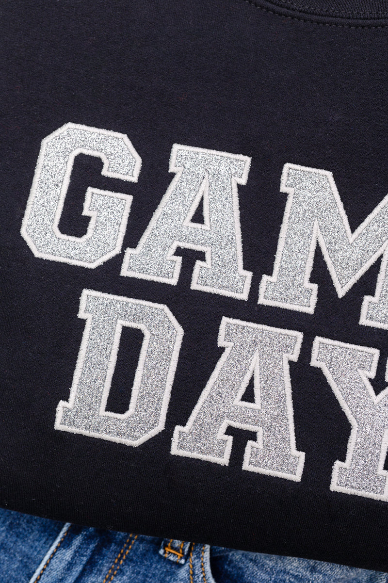 PREORDER: Embroidered Glitter Game Day Sweatshirt in Black/Silver