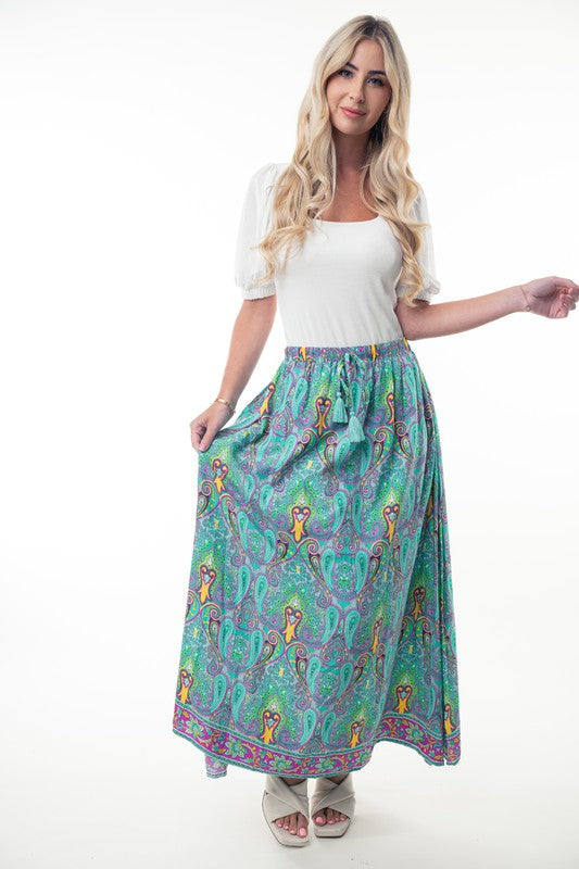 Printed Elastic Waist Band Long Skirt with Tassels in Mint Combo