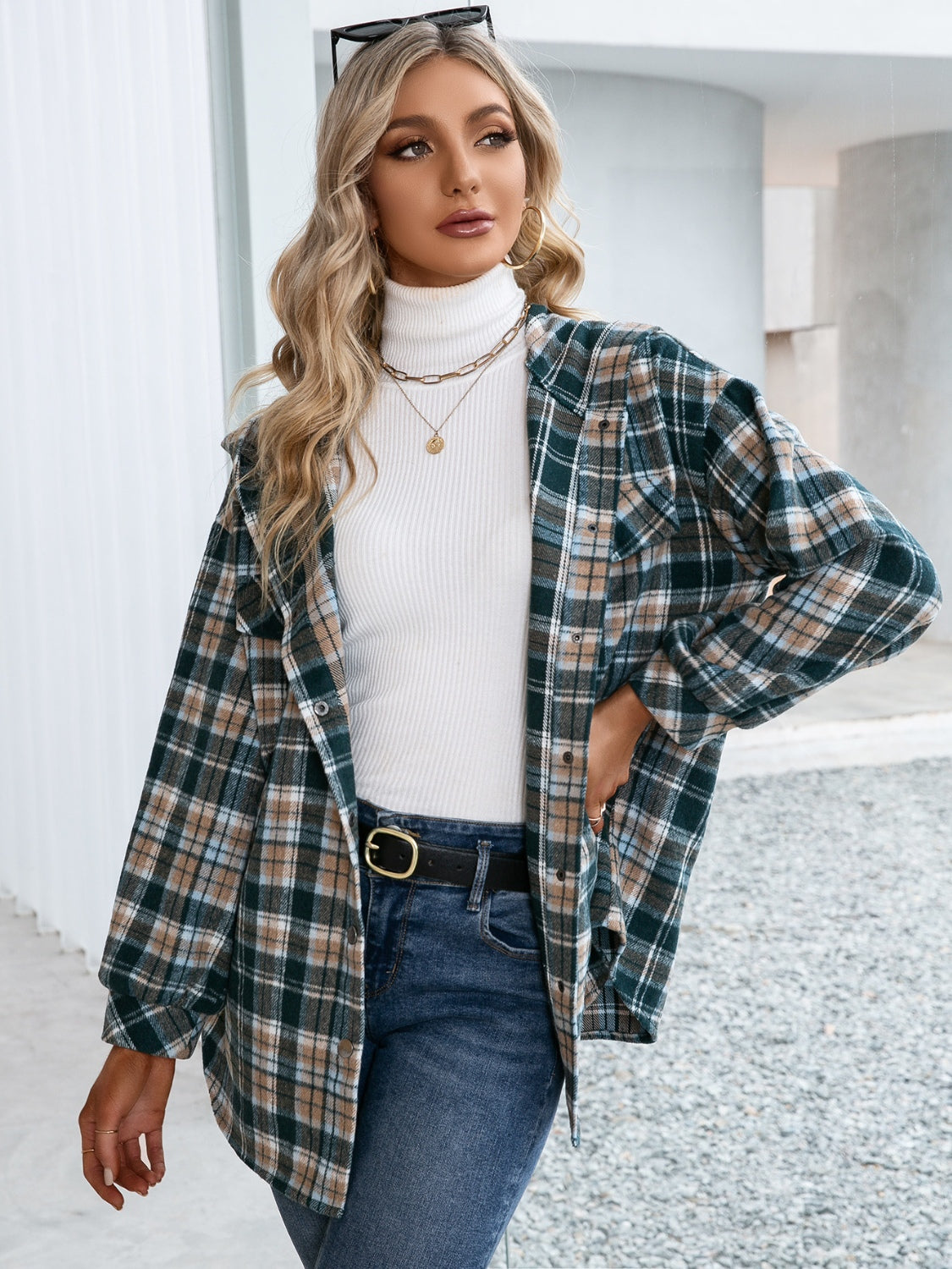 Juliette Plaid Snap Down Hooded Jacket