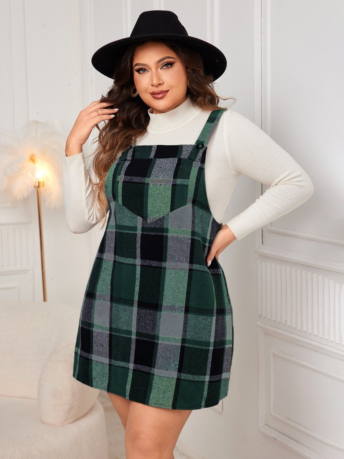 Leah Plus Size Plaid Wide Strap Overall Dress In Multi Colors