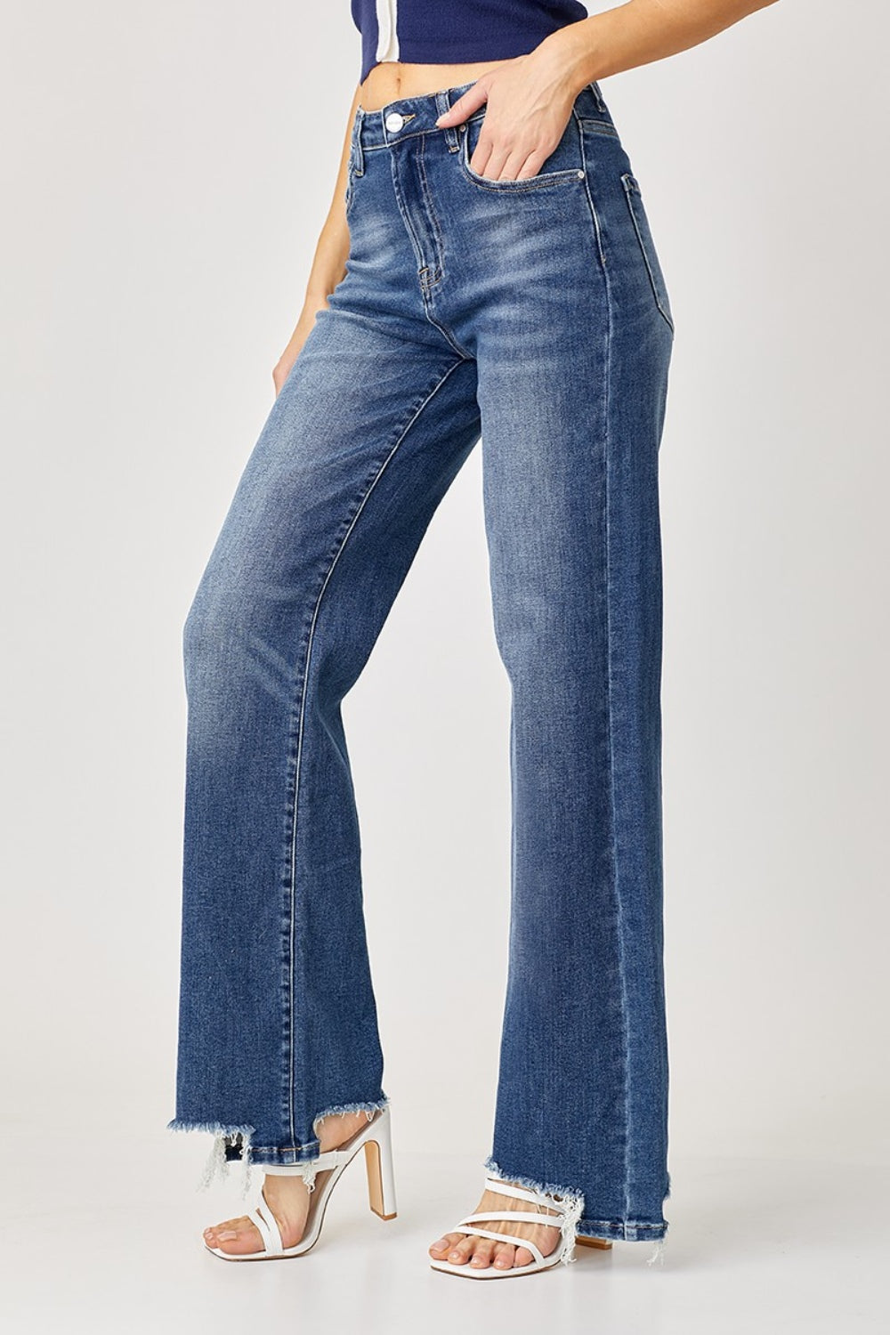 Oaklynn High Rise Frayed Hem Wide Leg Jeans