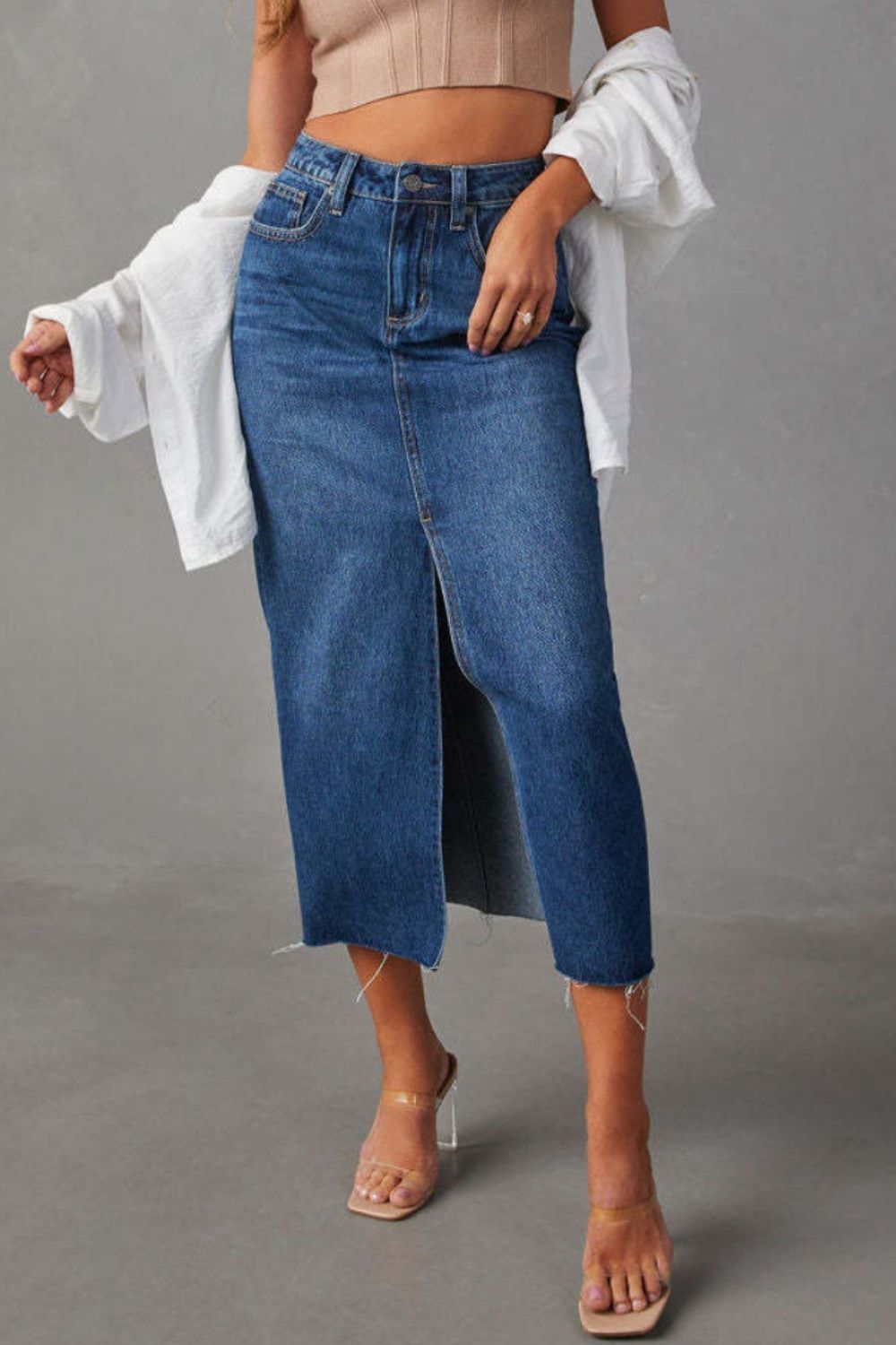 Amelia Slit Raw Hem Midi Denim Skirt