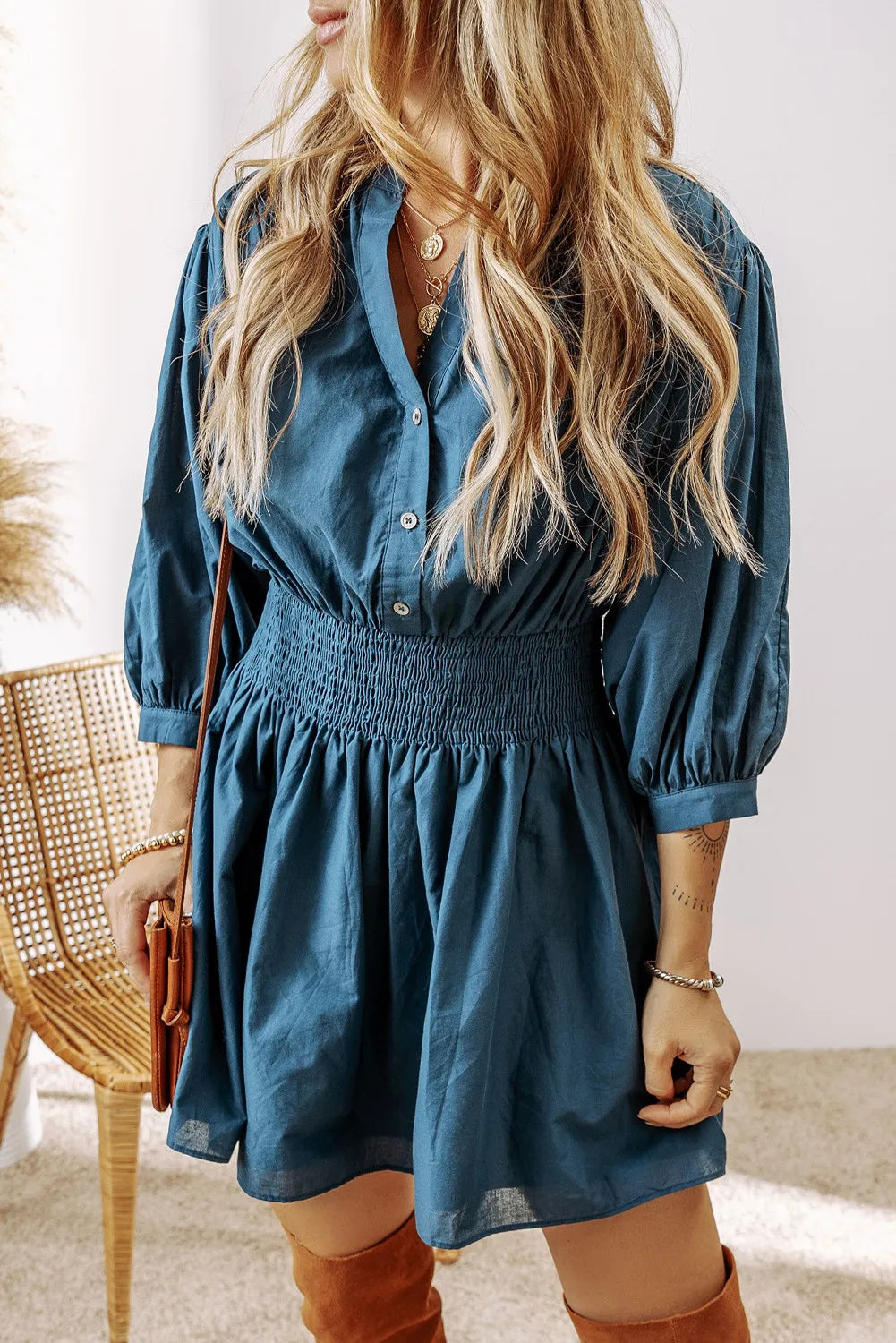 Smocked Half Button Mini Dress