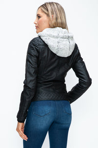 Faux Layered Double-Zipper Jacket with Fuzzy Hood In Black