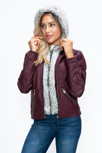 Faux Layered Double-Zipper Jacket with Fuzzy Hood In Wine