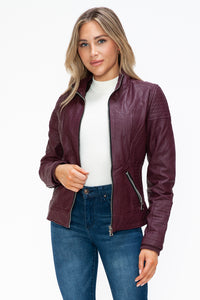 Faux Layered Double-Zipper Jacket with Fuzzy Hood In Wine