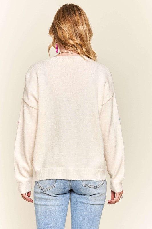 Stars Pattern Round Neck Drop Shoulder Sweater