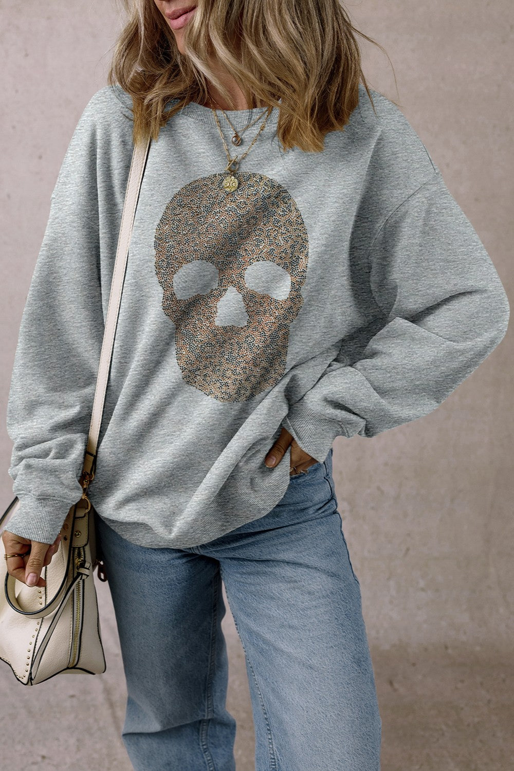 Leopard Rhinestone Skull Sweatshirt