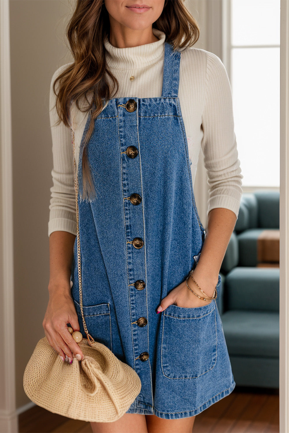 Lilly Square Neck Wide Strap Denim Overall Dress